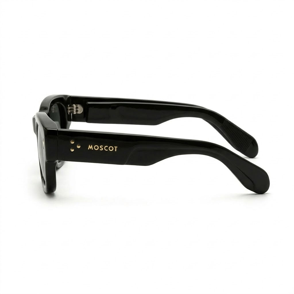 Lunettes de soleil Moscot – Rectangle noir brillant avec rivets dorés