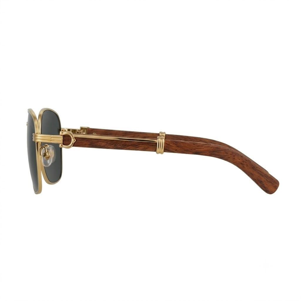 Lunettes de soleil Cartier – Carré en métal doré avec branches en bois