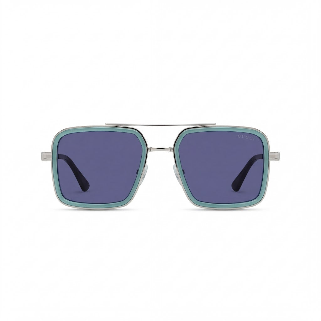 Lunettes de soleil Gucci – Carré turquoise à verres bleu-violet dégradés