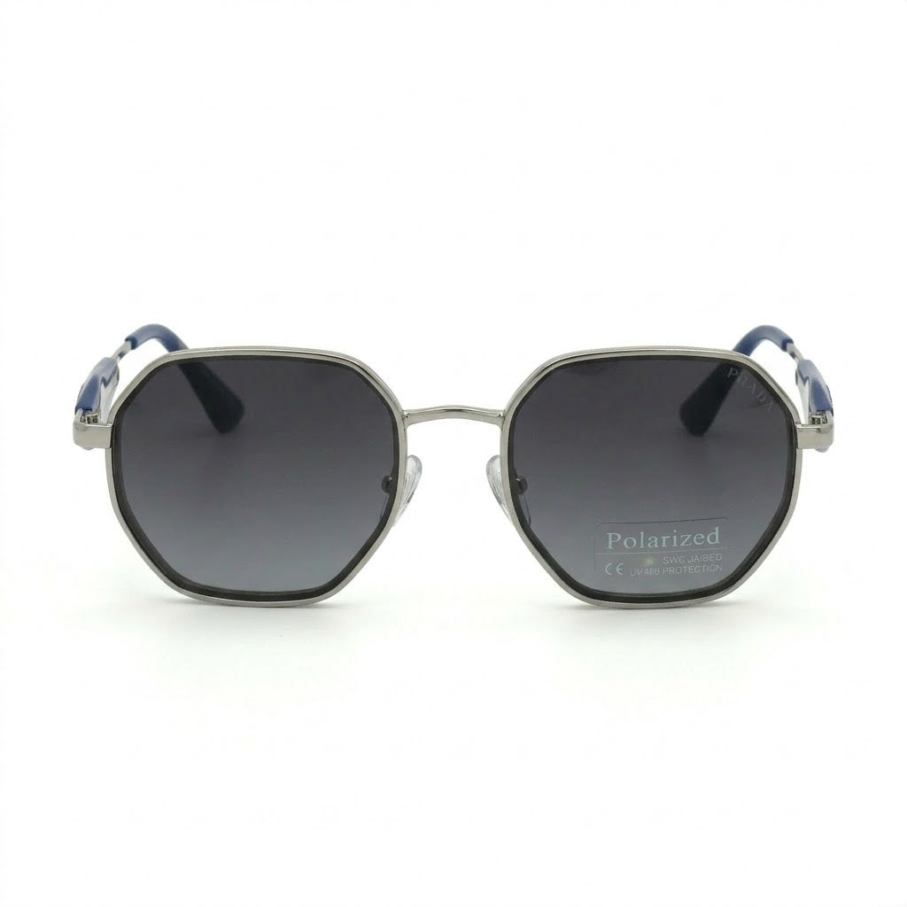 Lunettes de soleil Prada – Octogonale en argent et bleu aux verres gris dégradés