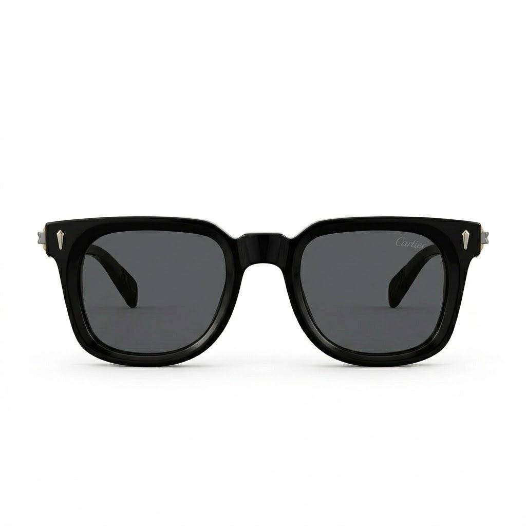 Lunettes de soleil Cartier – Carré en acétate noir avec temple en métal sculpté