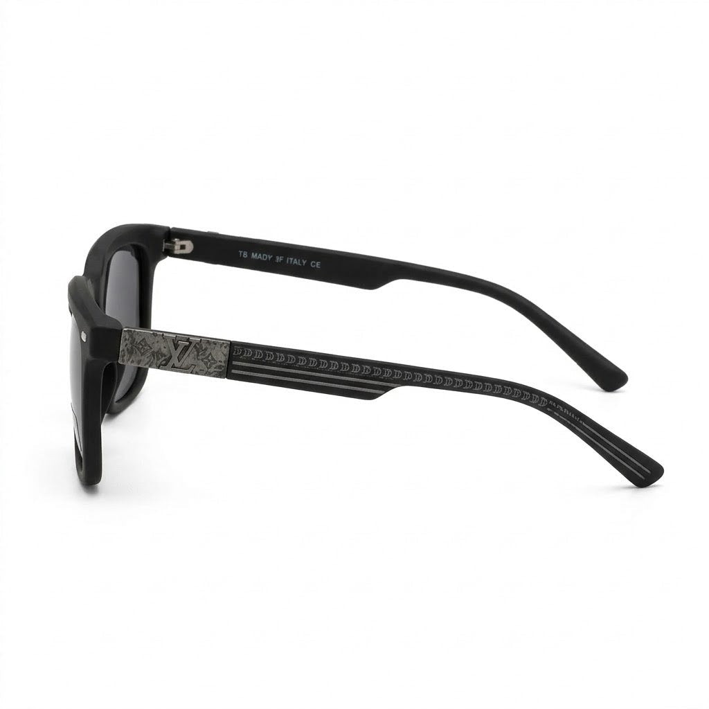Lunettes de Soleil Louis Vuitton – Carré Noir Mat Polarisé Branches Ornées Texturées