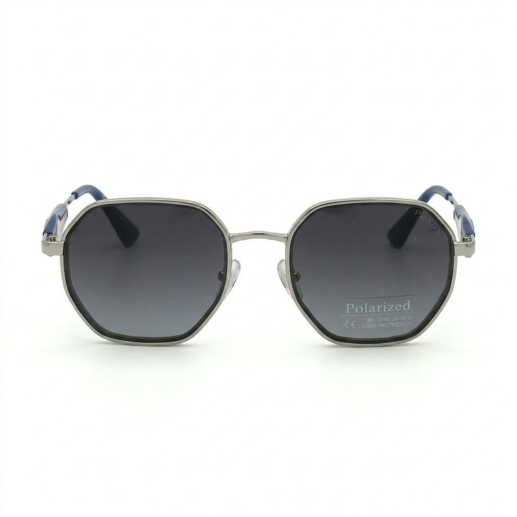 Lunettes de soleil Prada – Octogonale en argent et bleu aux verres gris dégradés