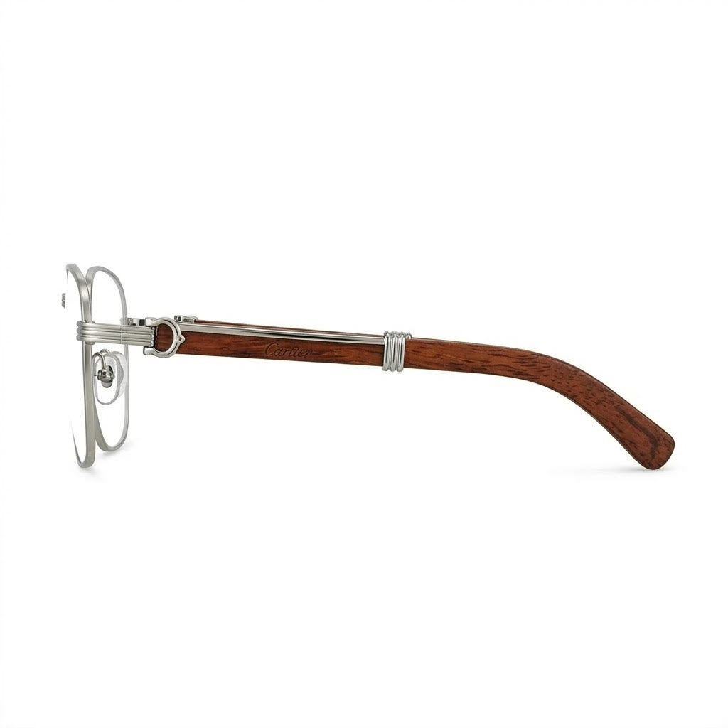 Lunettes Cartier Photogray Anti-Reflet Blue Cut – Carré Argenté Branches Bois Naturel