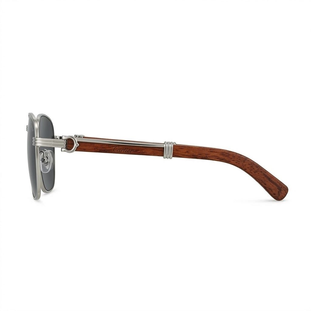 Lunettes de soleil Cartier – Carré en métal argenté avec branches en bois