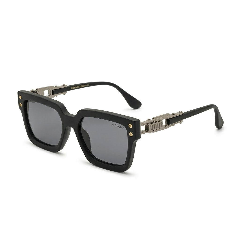Lunettes de soleil Moscot – Carré noir mat avec rivets dorés et charnière ciselée