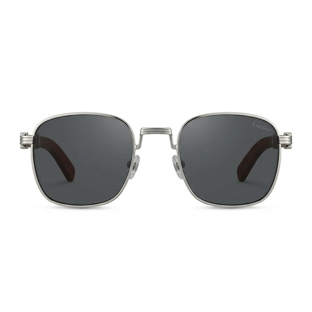 Lunettes de soleil Cartier – Carré en métal argenté avec branches en bois