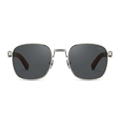 Lunettes de soleil Cartier – Carré en métal argenté avec branches en bois