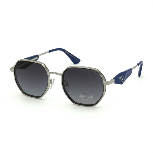 Lunettes de soleil Prada – Octogonale en argent et bleu aux verres gris dégradés