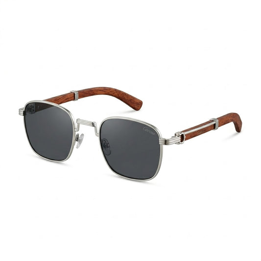 Lunettes de soleil Cartier – Carré en métal argenté avec branches en bois