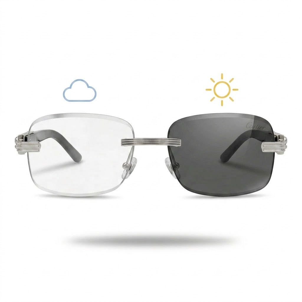 Lunettes Cartier Photochromiques – Teinte Automatique – Percée Argentée À Branches Noires