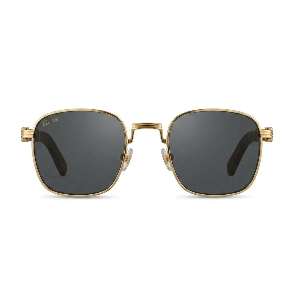 Lunettes de soleil Cartier – Carré en métal doré avec branches en bois