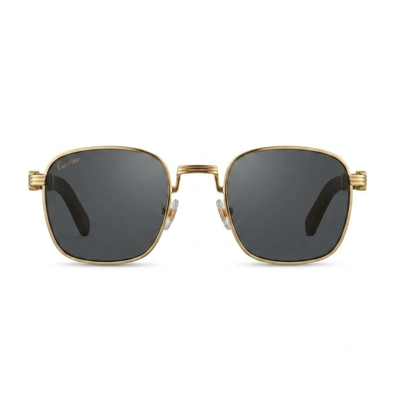 Lunettes de soleil Cartier – Carré en métal doré avec branches en bois