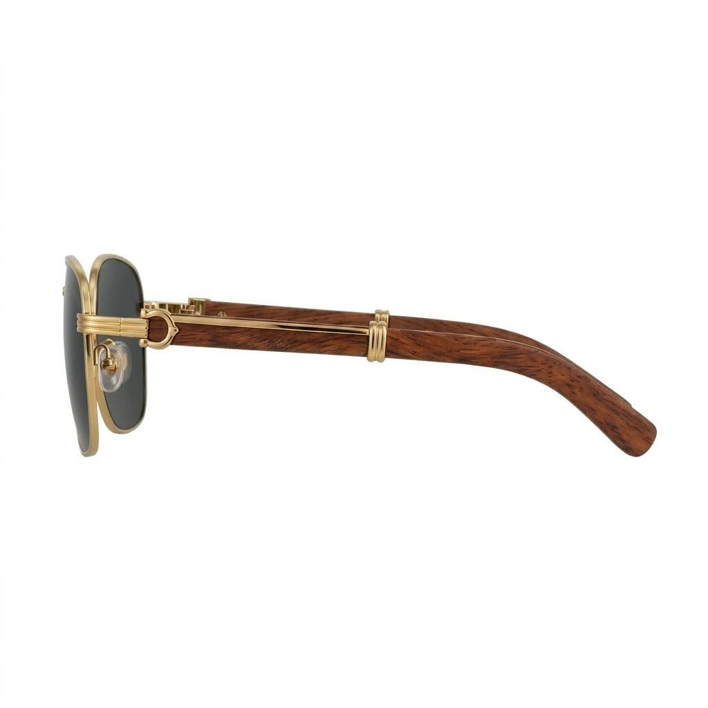 Lunettes de soleil Cartier – Carré en métal doré avec branches en bois