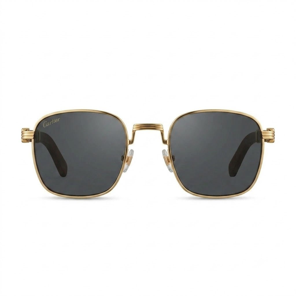 Lunettes de soleil Cartier – Carré en métal doré avec branches en bois