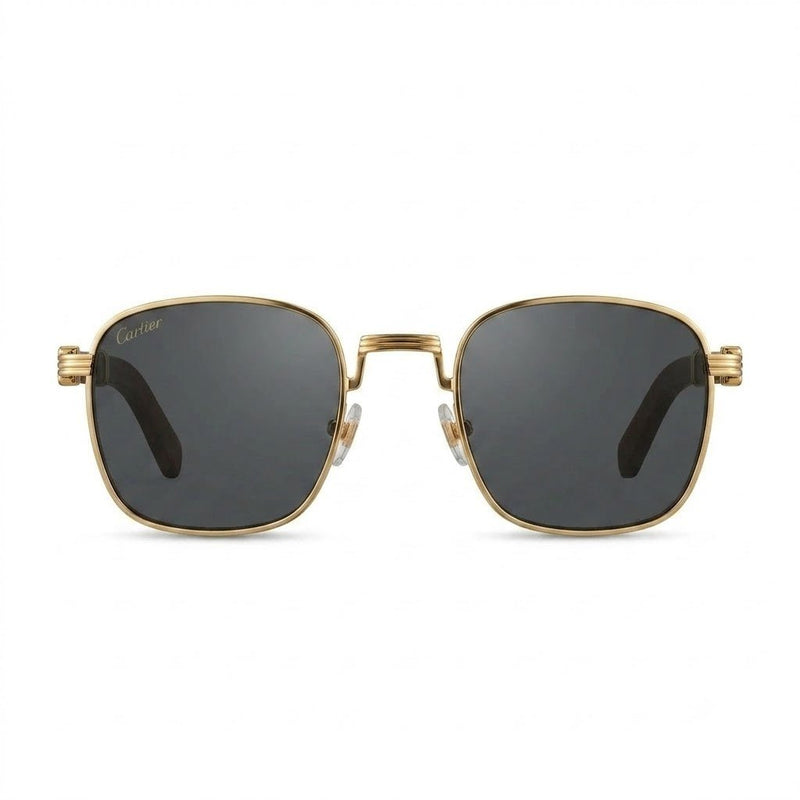 Lunettes de soleil Cartier – Carré en métal doré avec branches en bois