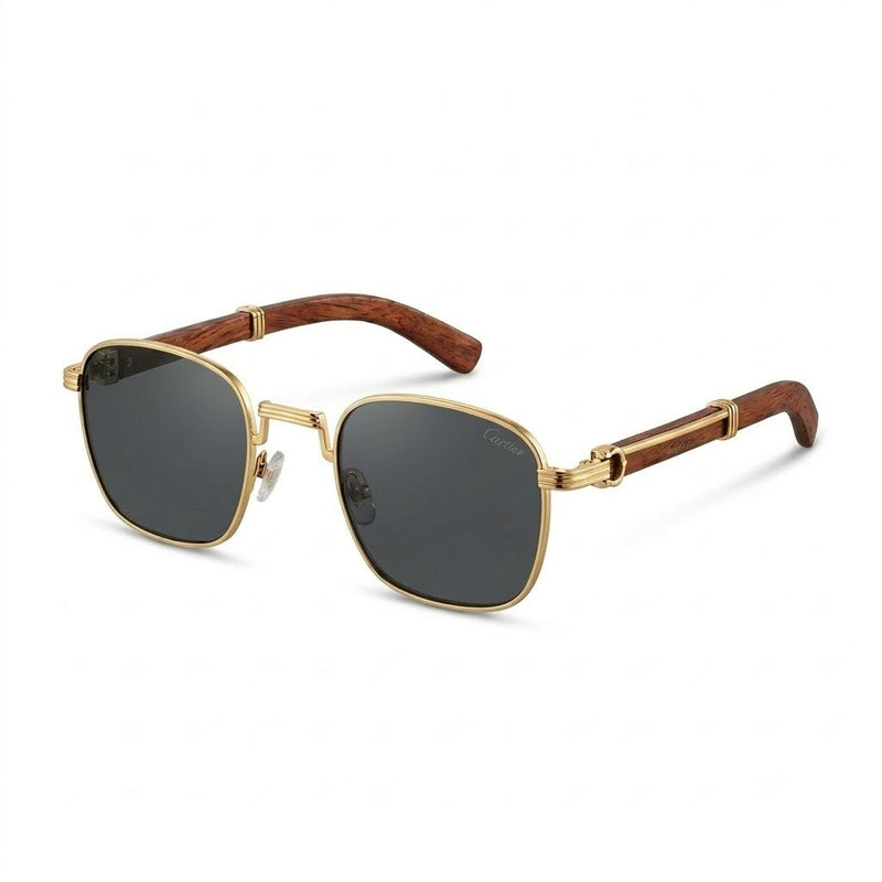 Lunettes de soleil carrées métal doré branches en bois naturel – Amzi Optique Dakar