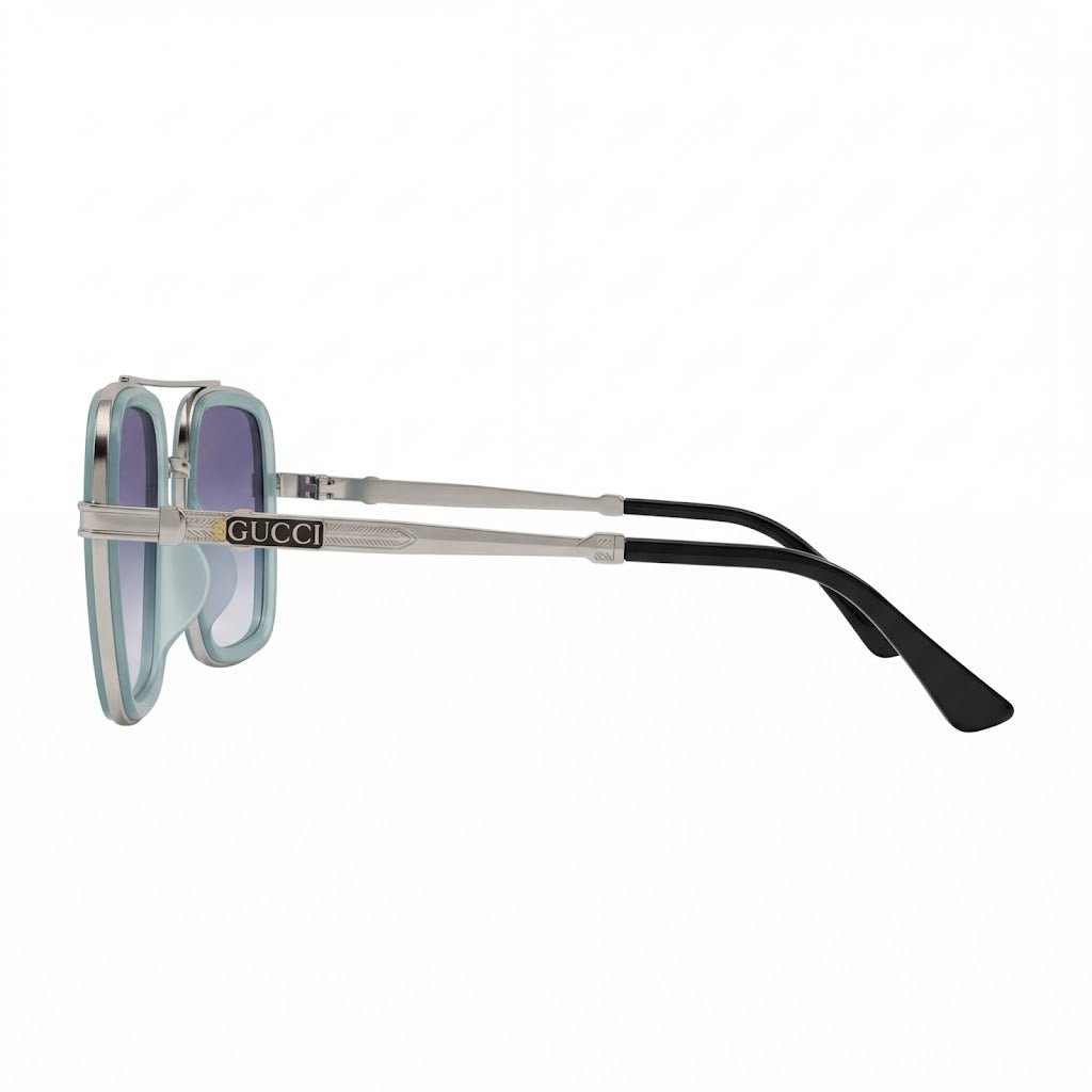 Lunettes de soleil Gucci – Carré turquoise à verres bleu-violet dégradés