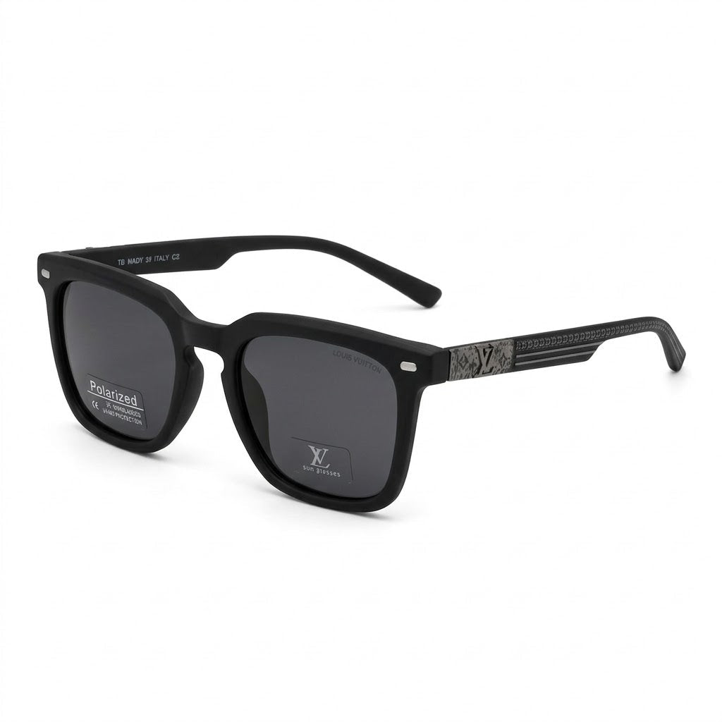 Lunettes de Soleil Louis Vuitton – Carré Noir Mat Polarisé Branches Ornées Texturées