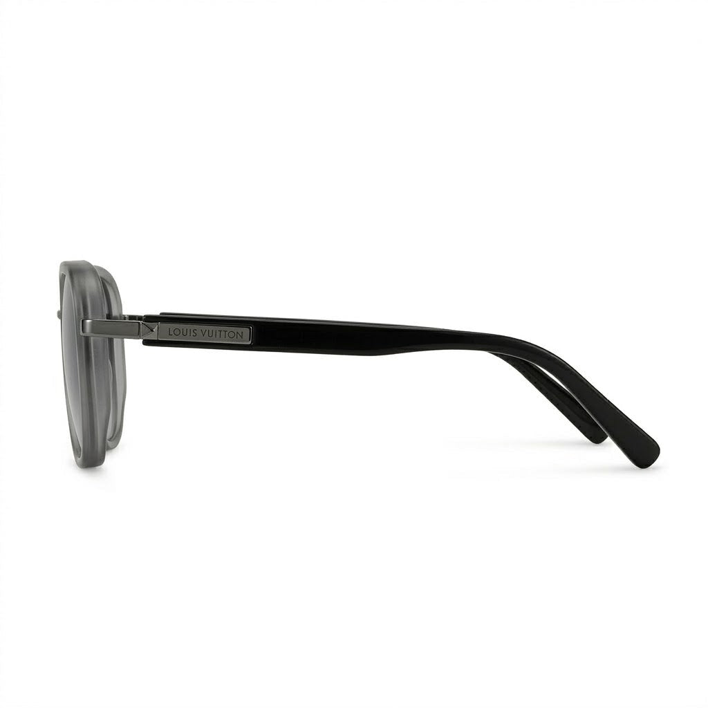 Lunettes de Soleil Louis Vuitton – Ronde Translucide Grise Branches Noires Verres Dégradés