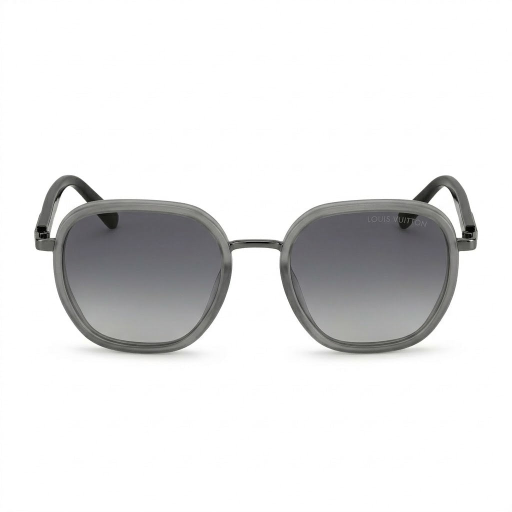 Lunettes de Soleil Louis Vuitton – Ronde Translucide Grise Branches Noires Verres Dégradés