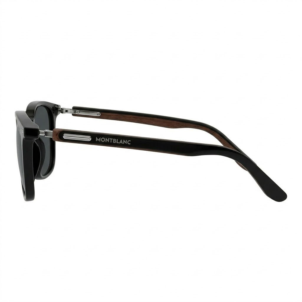 Lunettes de soleil Montblanc – Carré noir brillant avec branches en bois