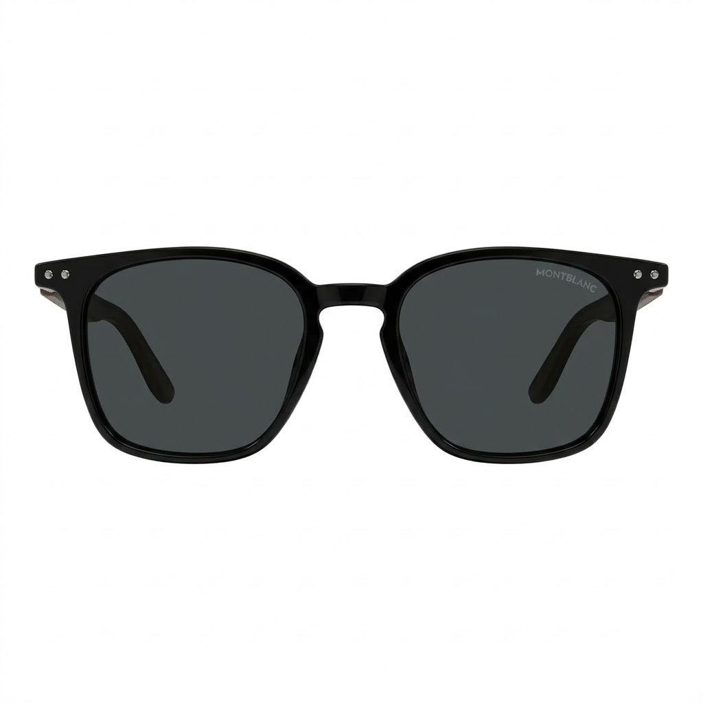 Lunettes de soleil Montblanc – Carré noir brillant avec branches en bois