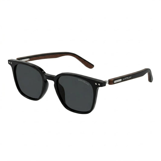 Lunettes de soleil Montblanc – Carré noir brillant avec branches en bois