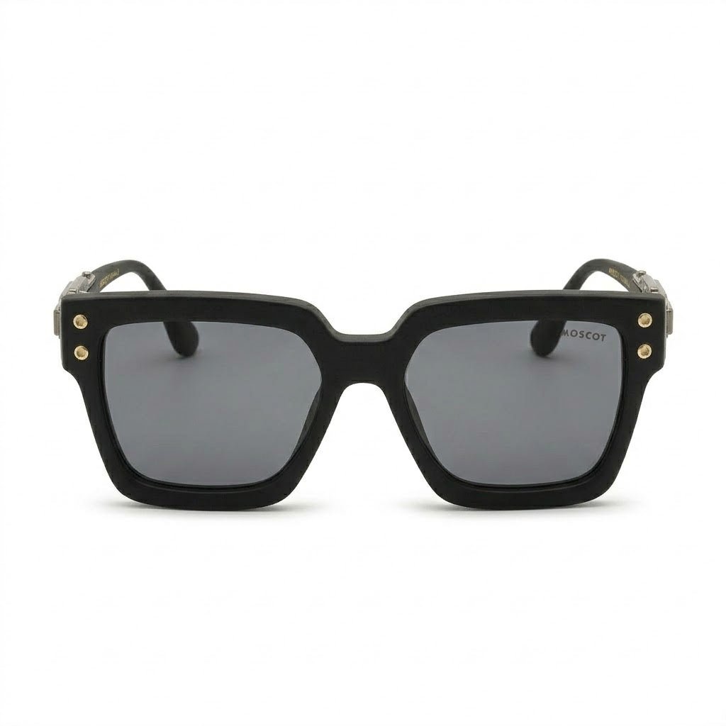 Lunettes de soleil Moscot – Carré noir mat avec rivets dorés et charnière ciselée