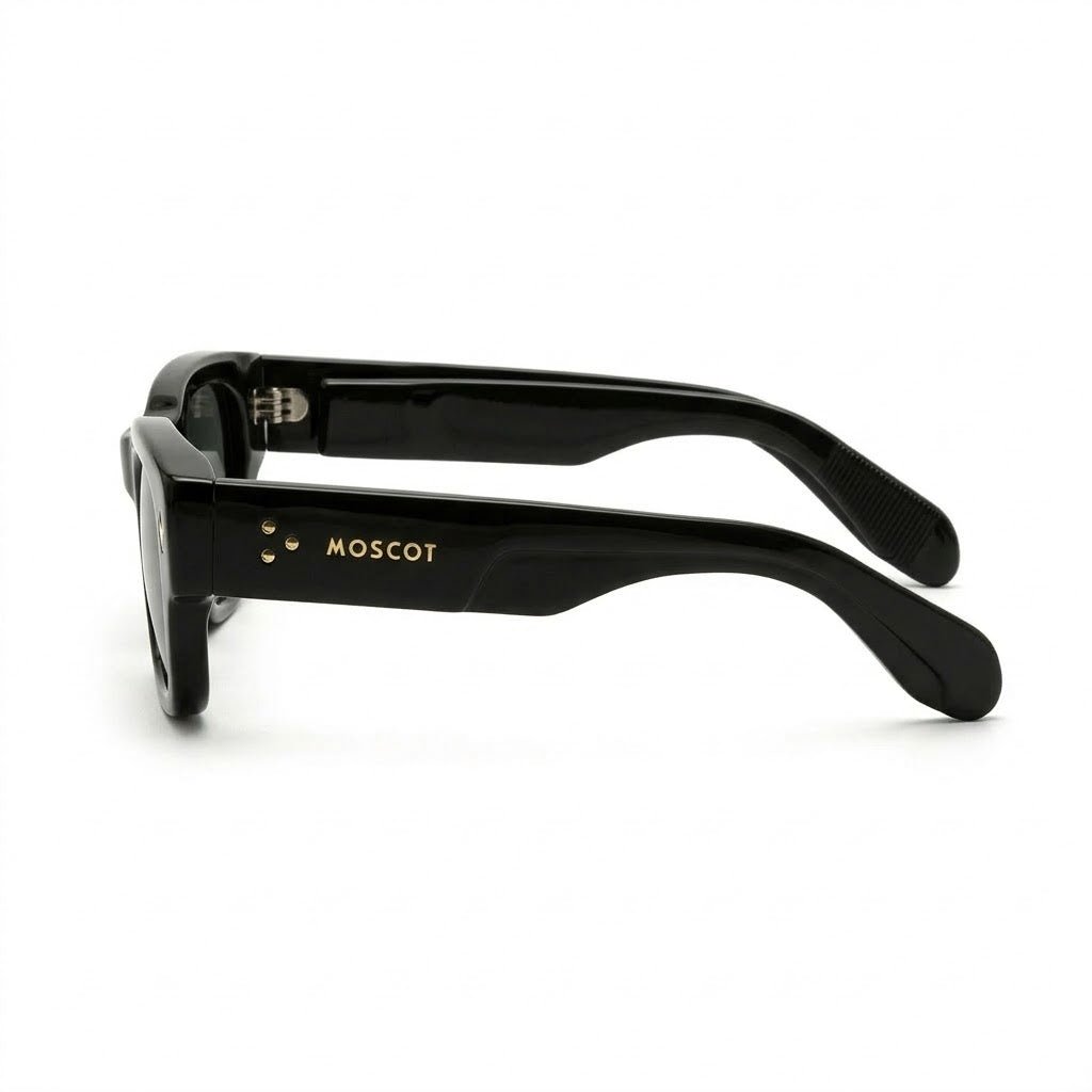 Lunettes de soleil Moscot – Rectangle noir brillant avec rivets dorés