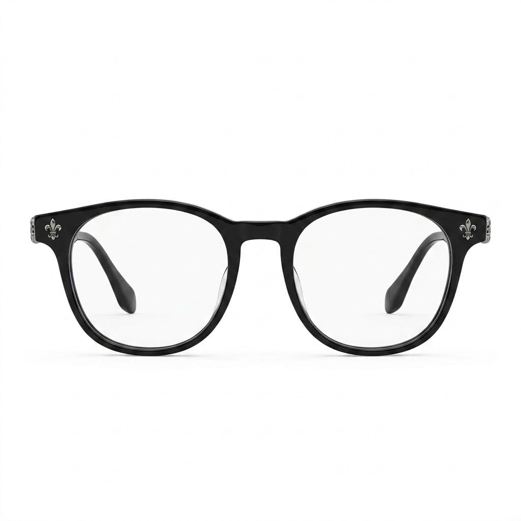 Lunettes Photogray Anti-Reflet – Ronde noire avec fleur de lys argentée